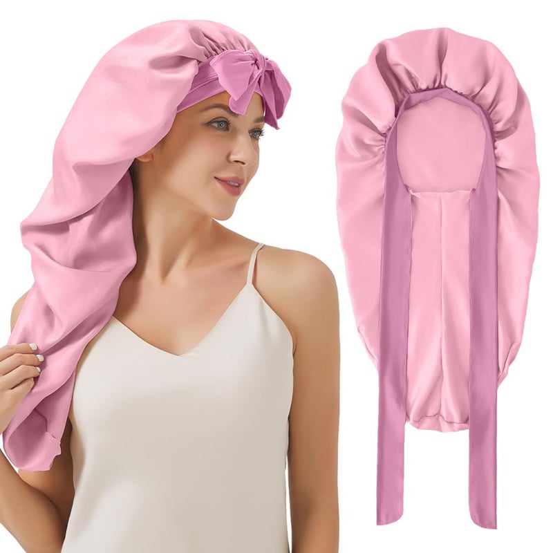 Supaze Long Bonnet For Sleeping, Satin Silk Bonnet With Tie Band, Jumbo Hair Bonnets For Women Long Braids Natural Curly Hair showercap(Pink) - Image 1